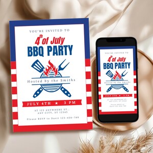 Editable 4th of July BBQ Invitation Template Canva, Patriotic Cookout Party Invite, Mobile & Printable Red White Blue Mobile E-vite IN89