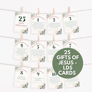 25 regalos de Jesucristo para los Santos de los Últimos Días, tarjetas de cuenta regresiva para el Adviento de Navidad para los Santos de los Últimos Días, regalo imprimible de la Sociedad de Socorro para el Ministerio Misionero de Navidad AC08