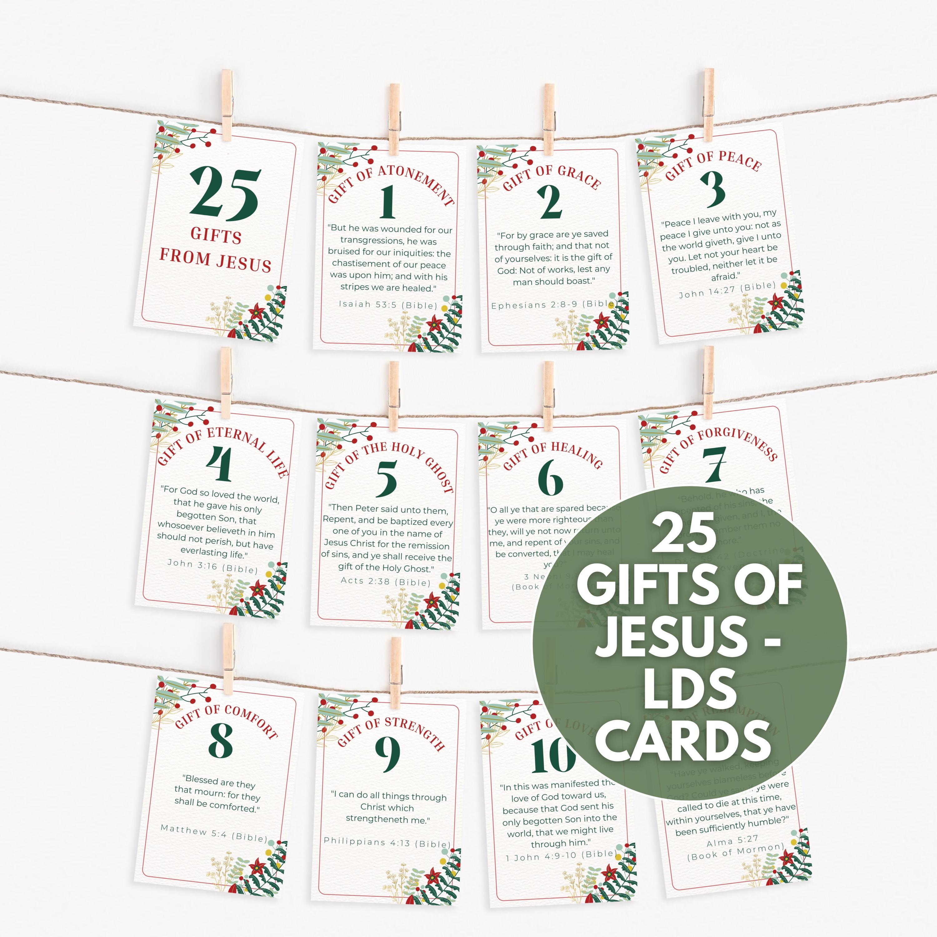 LDS 25 Gifts from Jesus Christ, LDS Christmas Advent Countdown Cards, Christmas Missionary Ministering Relief Society Gift Printable AC08