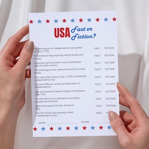 4 juli feit of fictie spelbladpagina, afdrukbare USA Trivia Quiz, patriottische feestactiviteit voor kinderen volwassenen, pdf direct downloaden G3-14