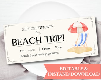 Editable Beach Trip Gift Certificate Tempalte, Weekend Getaway Voucher Printable, Surprise Birthday Trip Vacation Gift Reveal Coupon 121