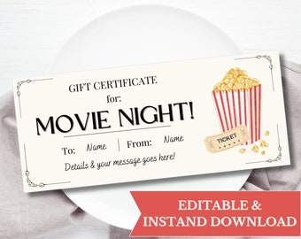 Movie Night Gift Coupon Voucher Printable, Movie Lover Gift Certificate Template, Movie Ticket Template Instant Download, Last Minute Gift