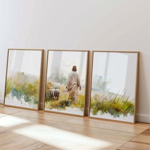 Set of 3 Jesus Leaves the 99 Digital Prints, Modern Christian Art, The Lost Lamb Wall Art, Triptych Panoramic Painting, LDS Printable PB6