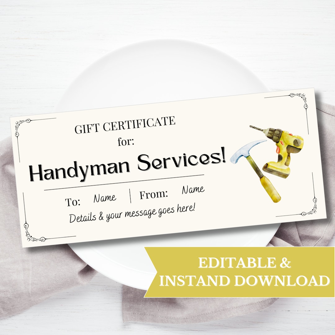 Handyman Services Gift Voucher Printable, Home Repair Gift Certificate ...