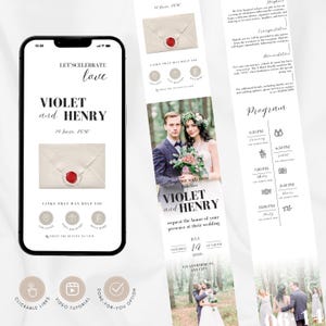 Plantilla de invitación de boda digital con RSVP, mapa, registro y programa interactivos. Editable en dispositivos móviles. Descarga instantánea digital. WI12