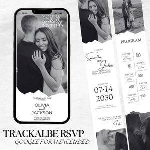 Plantilla de invitación de boda interactiva con formularios de Google y RSVP rastreables. Invitación de boda minimalista con video animado y botones interactivos WI41