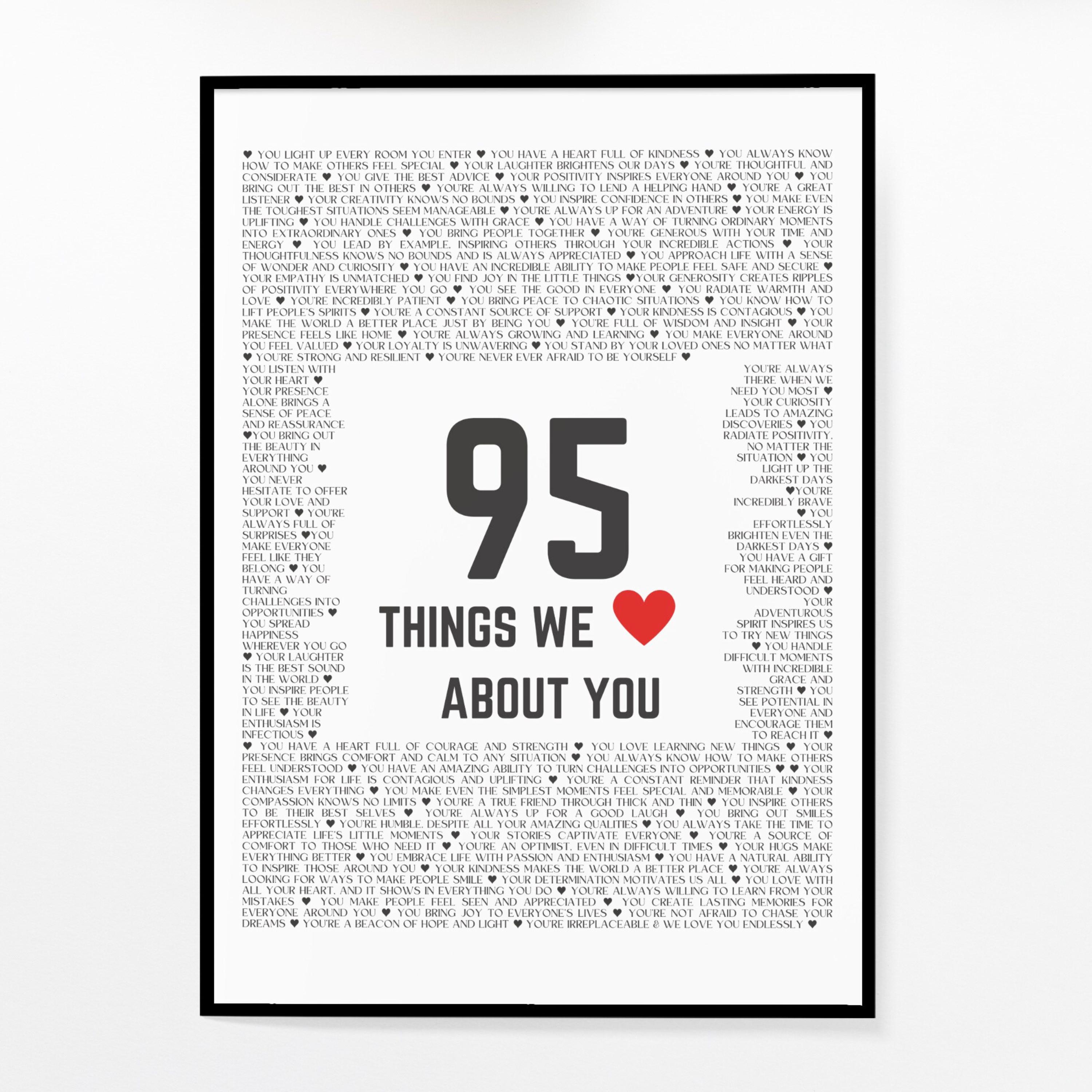95e cadeau d'anniversaire pour femme ou homme, affiche personnalisée de 95 choses que nous aimons chez vous, cadeau souvenir personnalisé pour maman, papa, grand-mère, grand-père P112