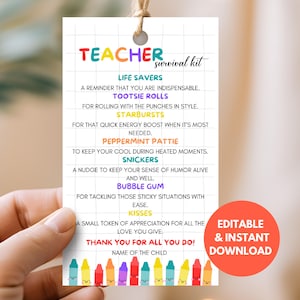 Editable Teacher Survival Kit Gift Tag, First Day Of School & Back To School Tag, Instant Download Thank You Teacher Appreciation Tag T01