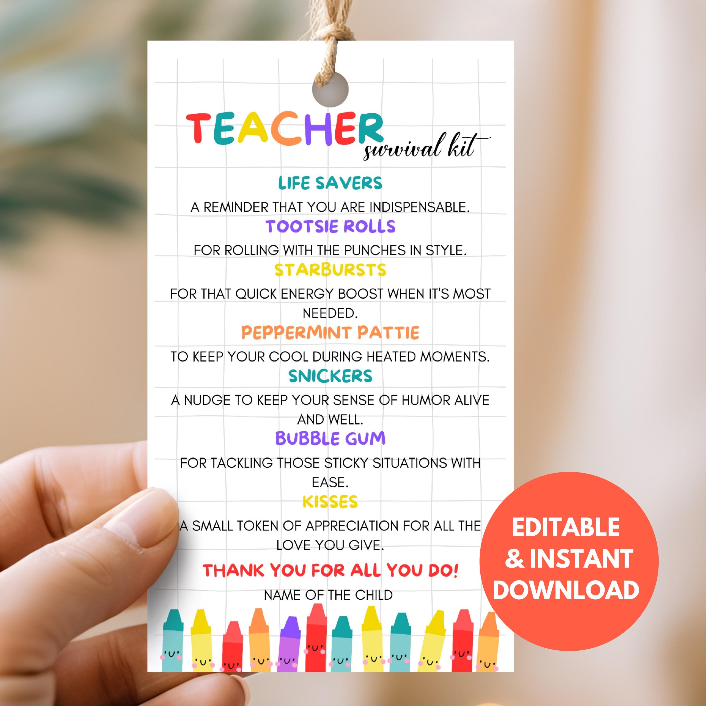 Editable Teacher Survival Kit Gift Tag, First Day Of School & Back To School Tag, Instant Download Thank You Teacher Appreciation Tag T01