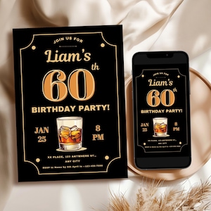 Convite sofisticado para 60º aniversário, festa temática de uísque preto, convite surpresa retrô editável, download digital, cartão para impressão I67
