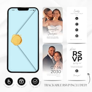 Plantilla de invitación de boda digital interactiva azul, plantilla digital de Canva con RSVP, mapa y enlaces de registro, compatible con dispositivos móviles. Descarga WI47.