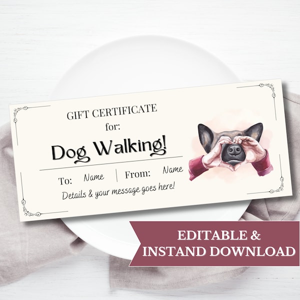 Dog Walking Gift Voucher Template Printable, Dog Owner Gift Certificate, Dog Lover Gift Coupon, DIY New Puppy Gift Dog Sitter 103