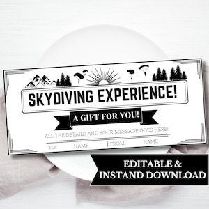 Skydiving gift certificate template, surprise skydiving ticket, skydiving coupon template, outdoorsy gifts, birthday ticket template gift