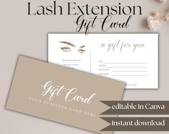 Plantilla de tarjeta de regalo de extensión de pestañas editable, certificado de regalo de extensión de pestañas imprimible, vale de regalo de Lash Tech, salón de estética LE09