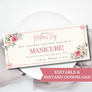 Modèle de certificat-cadeau de manucure pour la fête des mères, offrez-vous un bon cadeau imprimable pour la fête des mères, cadeau de dernière minute manucure nail tech