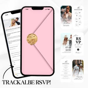 Plantilla digital de invitación de boda en color rosa bebé (Canva), RSVP, mapa y lista de regalos interactivos, descarga instantánea, compatible con dispositivos móviles (WI46)
