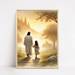 Impresión digital de Jesús y una niña caminando, arte cristiano moderno, regalo de bautismo SUD, póster de Jesús con niños, arte mural para habitación infantil (P36)