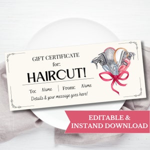 Editable Haircut Gift Certificate Template, Salon Visit Gift Voucher Printable, Beauty Salon Gift Card, Last Minute Gift For Her Wife 120