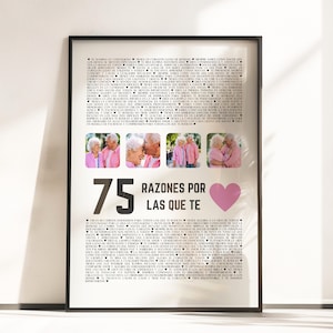 Regalo 75 Cumpleaños Mujer Hombre, Regalo Personalizado Mamá Papá, Póster 75 Razones Amor, Ideas Originales 75 Años, Regalo 75 Años P150