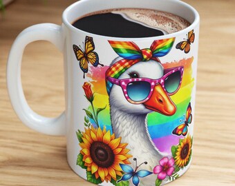 Rainbow Goose Pride-mok: grappige LGBTQ+ koffiekop met zonnebloemen