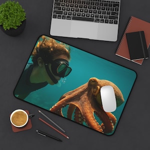 Octopus Desk Mat with Diver, Ocean Life Large Mouse Pad, Scuba Diver Sea Creature Desk Mat, Nautical Coastal Gift for Ocean Lovers