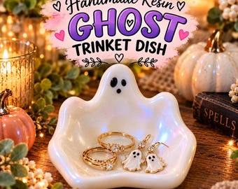Plato decorativo con forma de fantasma, plato de joyería de resina hecho a mano, decoración iridiscente de fantasma, plato para anillos adorable y espeluznante, regalo de Halloween, organizador de escritorio