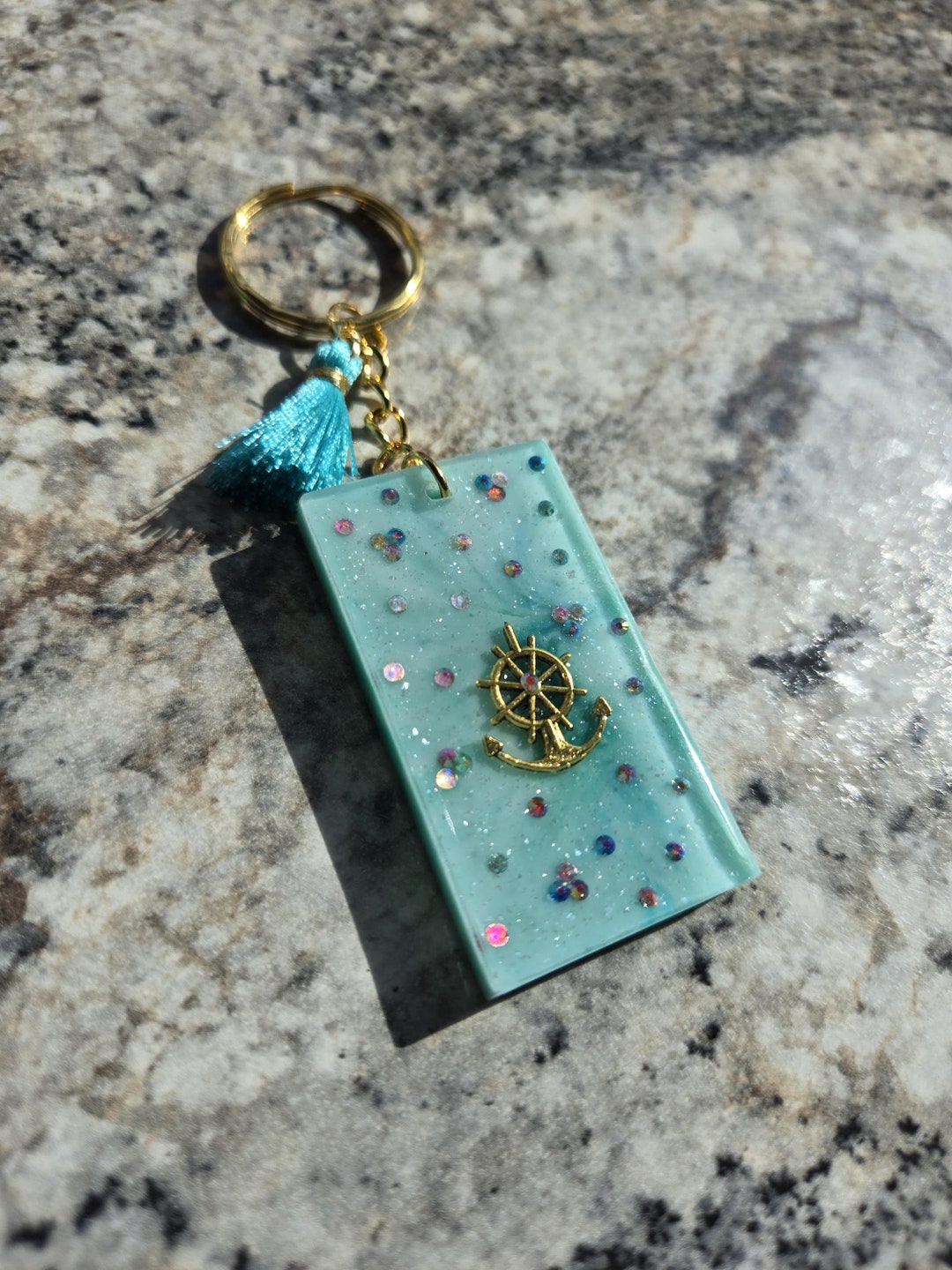 Aqua Blue Nautical Resin Keychain | Handmade Glitter Anchor Charm ...