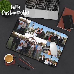 May include: A rectangular mousepad featuring a collage of wedding photos. The mousepad is black with a white mouse and the text "Fully Customizable!". A laptop, notebooks, and a cup of coffee are also visible.