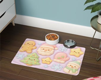 Pet Food Mat (12x18) - Puffy Pastel Kawaii Christmas Holiday Design, Cute Gingerbread Cookie, Snowman, Santa Claus, Snowflakes, Adorable