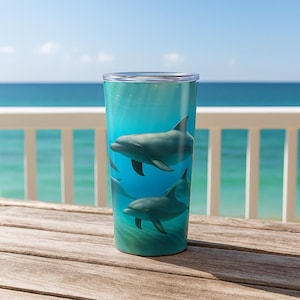 Dolphin Ocean 20oz Tumbler, Stainless Steel Insulated Cup with Lid, Marine Sea Life Beach Travel Mug, Dishwasher Safe Gift