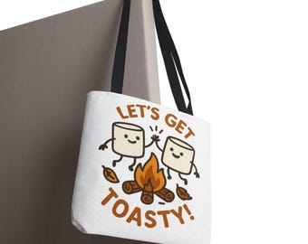 Lets Get Toasty-tygväska, söt hösttygväska med lägereld och marshmallows, återanvändbar hösttygväska med smores, lättviktig hösttygväska i polyester