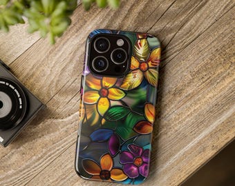 Stained Glass Looking Floral iPhone Case, Vibrant Stained Glass Style Flower Design, Tough Protective Cover for iPhone 15, 16 or 17
