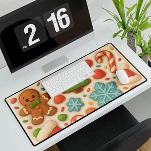 May include: A rectangular Christmas-themed mousepad featuring gingerbread men, candy canes, snowflakes, and other festive designs. A white keyboard and mouse sit on the pad, with a computer monitor in the background. The mousepad is on a white desk.