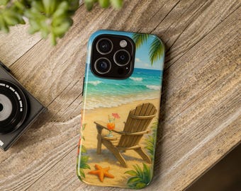 Tropical Beach iPhone Case, Relaxing Ocean View with Flowers, Chair and Cocktail, Coastal Vibes Phone Cover