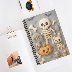 Skellies Spiral Notebook, Cute Skeleton Halloween Journal | 6x8 Ruled Book with Dog, Mouse & Bones | Spooky Cute Stationery Gift