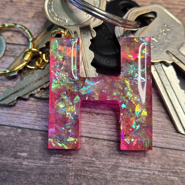 Pink and Holographic Glitter Initial  Letter H Resin Keychain