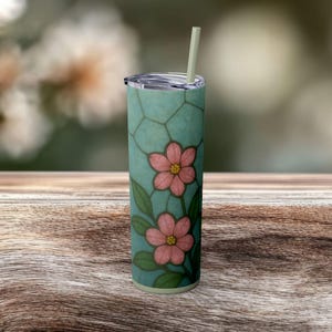 Stained Glass Floral Tumbler: Pink Flower Stainless Steel Travel Mug