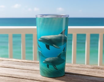 Dolphin Ocean 60 cl tumbler, isolerad mugg i rostfritt stål med lock, resemugg med marint havsliv, diskmaskinssäker present