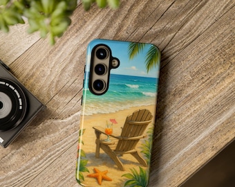 Tropical Beach Samsung or Pixel Phone Case, Relaxing Ocean View with Flowers, Chair and Cocktail, Coastal Vibes Phone Cover