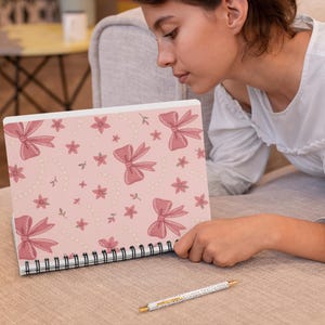 Blush Pink Spiral Notebook - Ruled Line, Pretty Bow and Pearl Pattern, Poinsettia Design, Floral Journal, Cute Diary, Girly Notepad,
