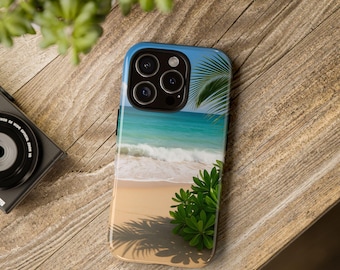 Tropical Beach iPhone 15, 16 or 17 Case, Ocean Shoreline Phone Cover with Palms and Sand, Coastal Vibes Protective Case