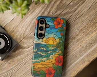 Funda para Samsung Galaxy S24/S25 y Pixel 8/9 con diseño de atardecer tropical y playa. Vidrieras de atardecer con hibisco. Regalo con ambiente oceánico veraniego.