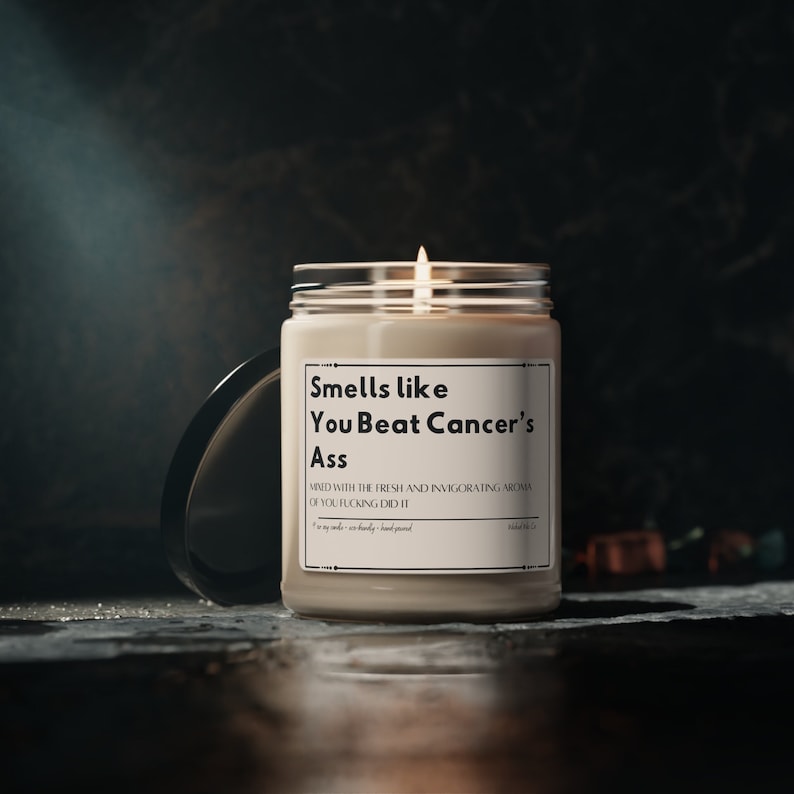 Smells like You Beat Cancer's Ass Candle, Remission Gift, Fuck Cancer Gift image 1