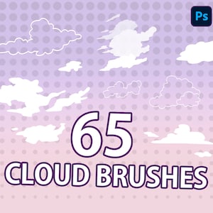 Puede incluir: Un conjunto de 65 pinceles de nubes para Photoshop y Procreate. Los pinceles son blancos y se muestran sobre un fondo morado y rosa con un patrón de lunares.