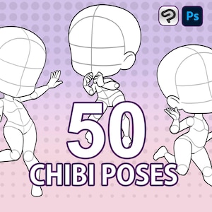 May include: Digital art illustration featuring three chibi figures in dynamic poses, outlined in black. The image includes the text "50 CHIBI POSES" in a purple font, set against a dotted purple background. The top right corner has the Clip Studio Paint and Photoshop icons.