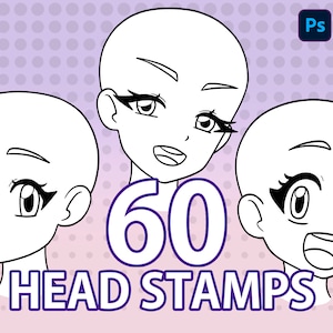 Puede incluir: Tres dibujos en blanco y negro de cabezas de estilo anime con diferentes expresiones. El texto "60 HEAD STAMPS" está debajo de los dibujos.