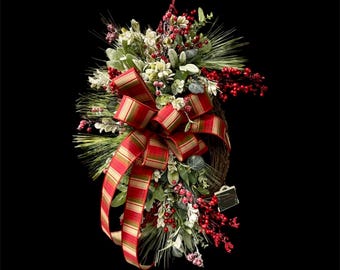 Winter Grapevine Wreath with Plaid Bow, Holiday Pine & Berry Door Wreath, Winter Front Door Décor, Red Green Winter Wreath