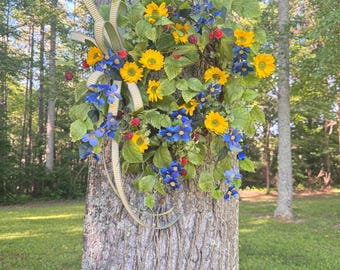 Sunflower and Blue Floral Wreath | Everyday Front Door Wreath | Summer Sunflower Wreath | Farmhouse Door Decor | Yellow Blue Wreath