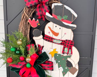 Snowman Grapevine Christmas Wreath Cardinal Buffalo Plaid Holiday Front Door Decor