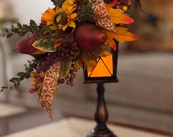 Fall Lantern Swag | Autumn Lantern Floral Arrangement | Harvest Table Decor | Sunflower Pear Centerpiece | Thanksgiving Decor